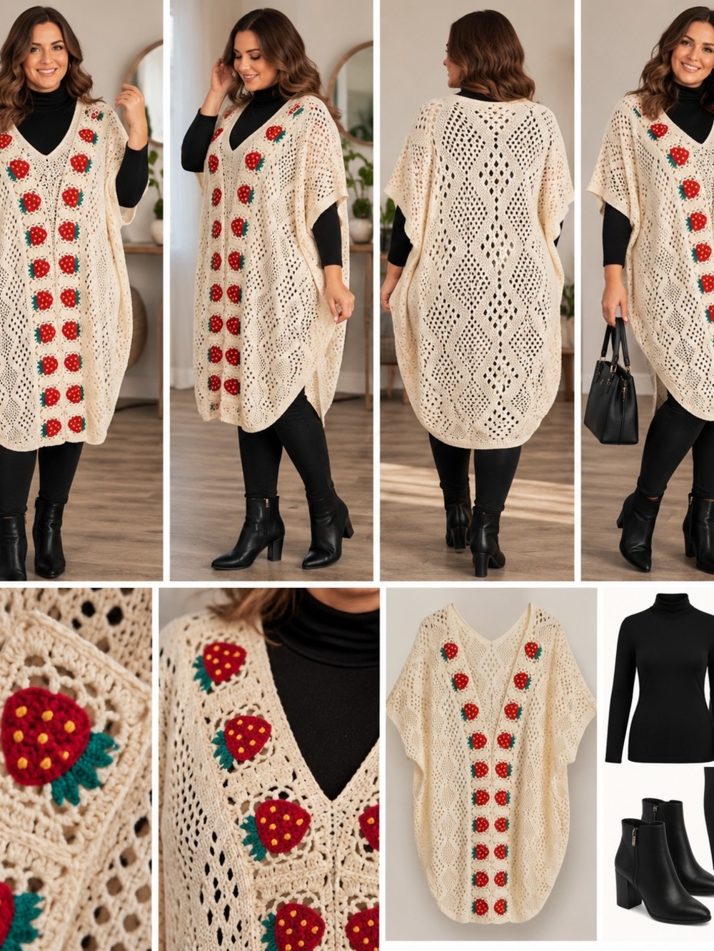 Cream Crochet Sweater Poncho with Red Strawberry Embroidery